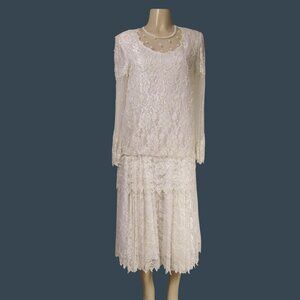 VTG SCALA M Lace Beaded Romantic Wedding Flapper Drop Waist Midi Maxi Dress